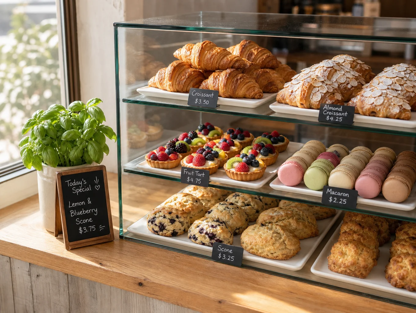 Fresh artisanal baked confections and pastries display