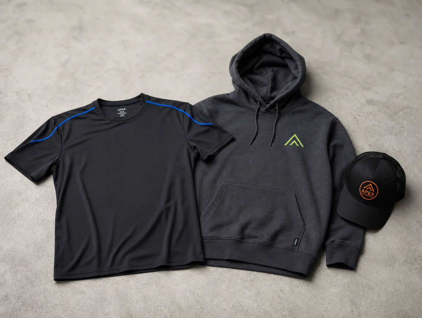 Custom branded t-shirts, caps, and apparel showcase