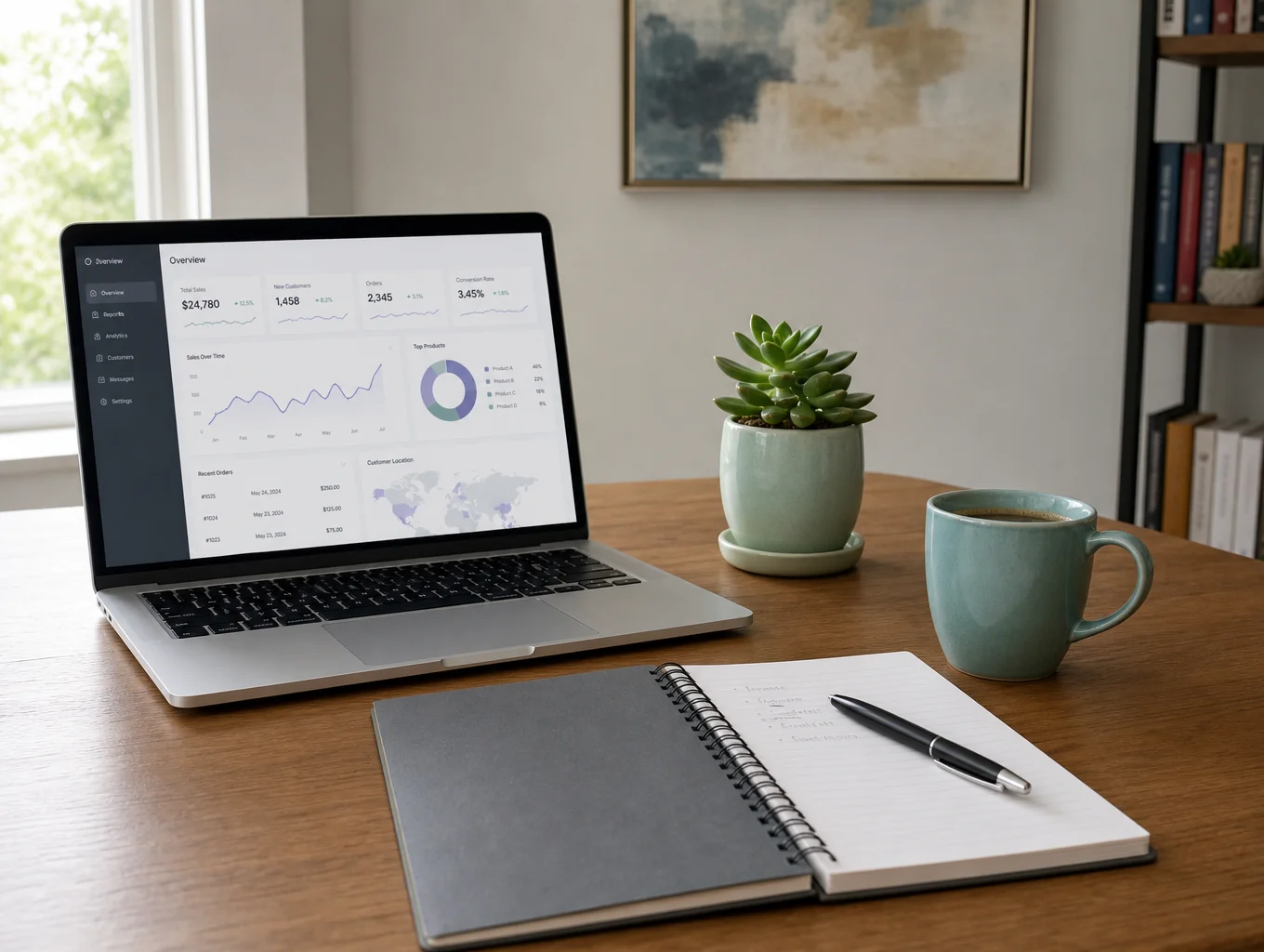 Professional business workspace with notebook and morning coffee